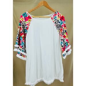 Cellabie Women’s Floral‎ Fringe-Trim Raglan Blouse Size 2XL